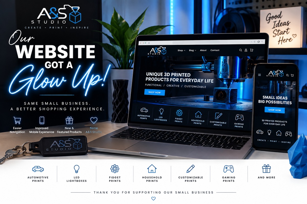 A&S Studio website revamp announcement featuring the redesigned 3D printing storefront on desktop and mobile