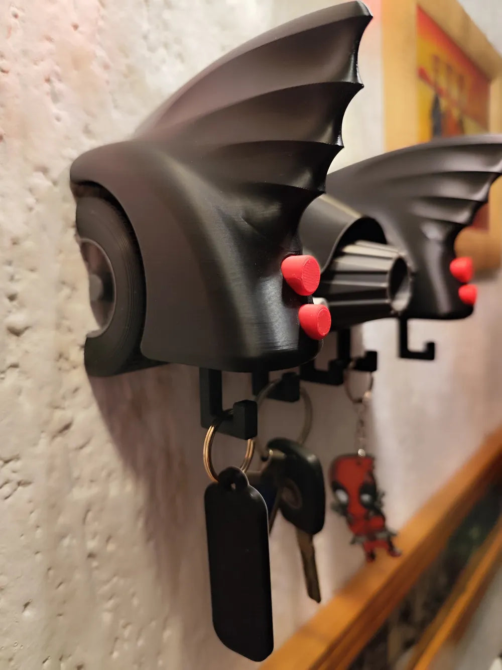 Batmobile-inspired 3D printed wall key hanger for car enthusiasts