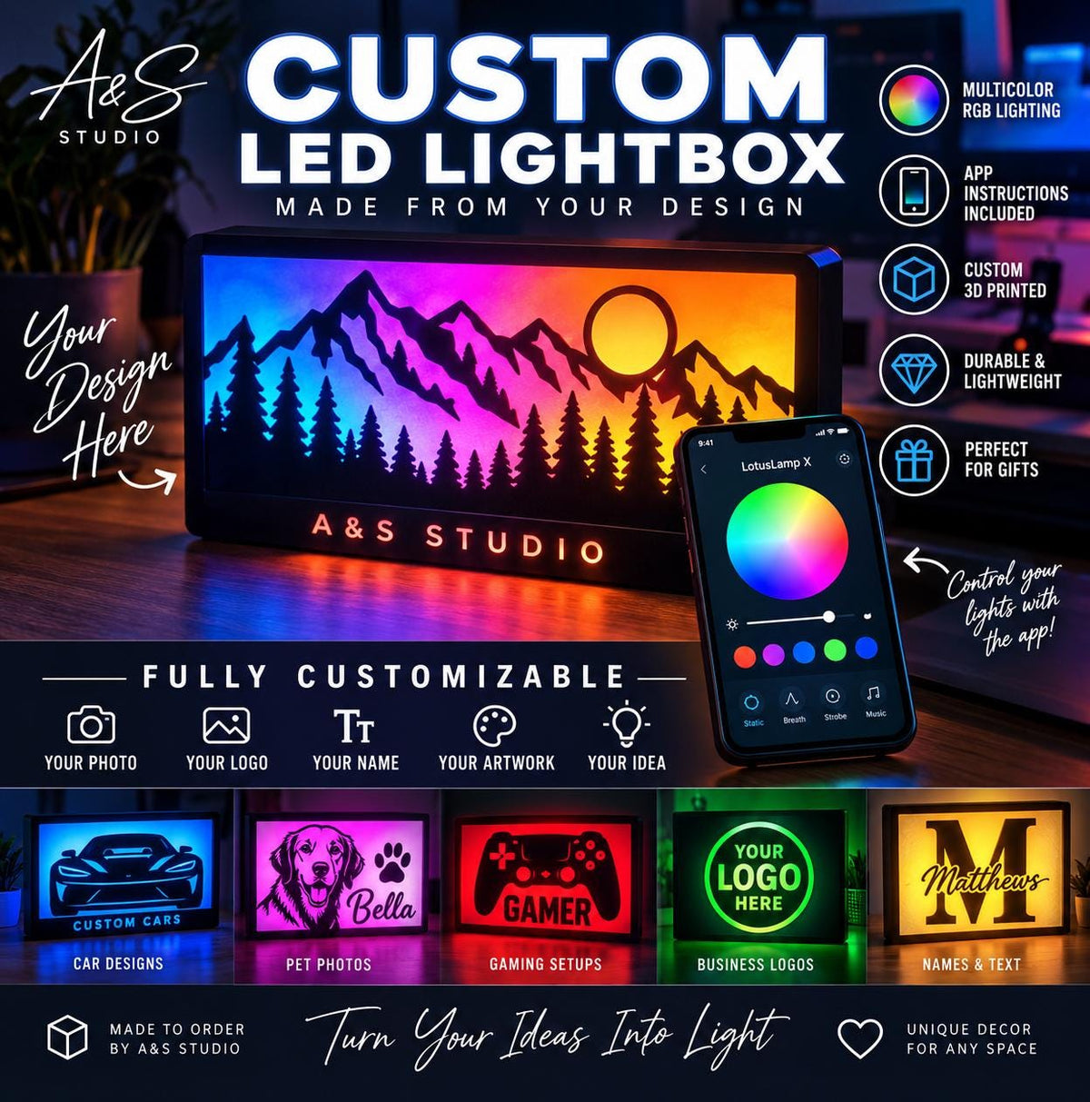 Custom personalized 3D printed RGB LED lightbox sign, product image 1 of 5 by A&S Studio