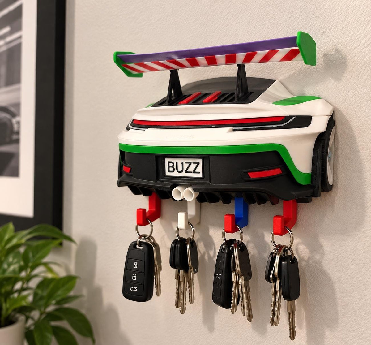 Toy Story GT3 RS Key Holder | 3D Printed Porsche Wall Hanger (Buzz Lightyear Colors) - product photo 6