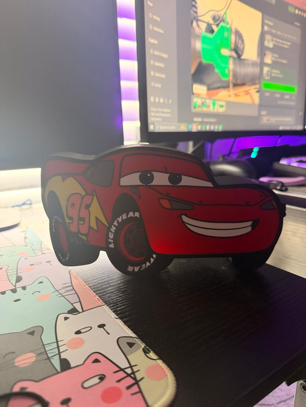 Lightning McQueen 3D printed lightbox displayed on a desk setup