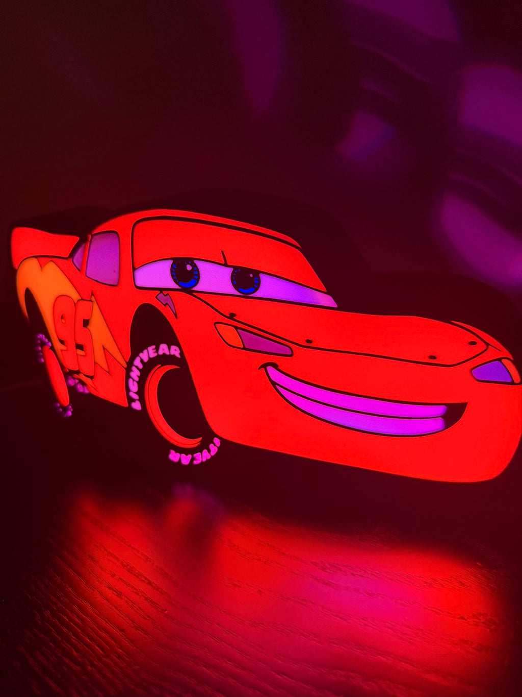Lightning McQueen 3D printed LED lightbox illuminated red and purple