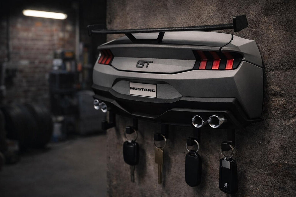 3D printed muscle car key holder mounted on a wall for everyday key storage