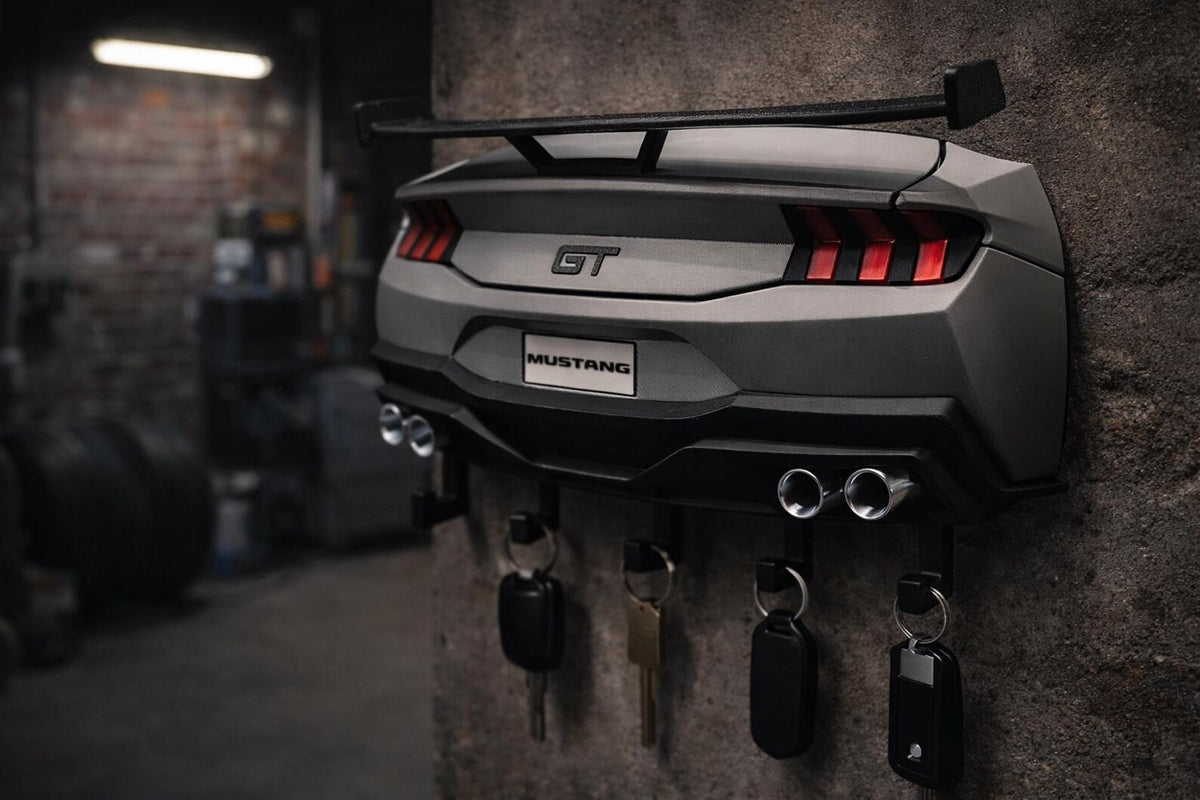 3D printed muscle car key holder mounted on a wall for everyday key storage