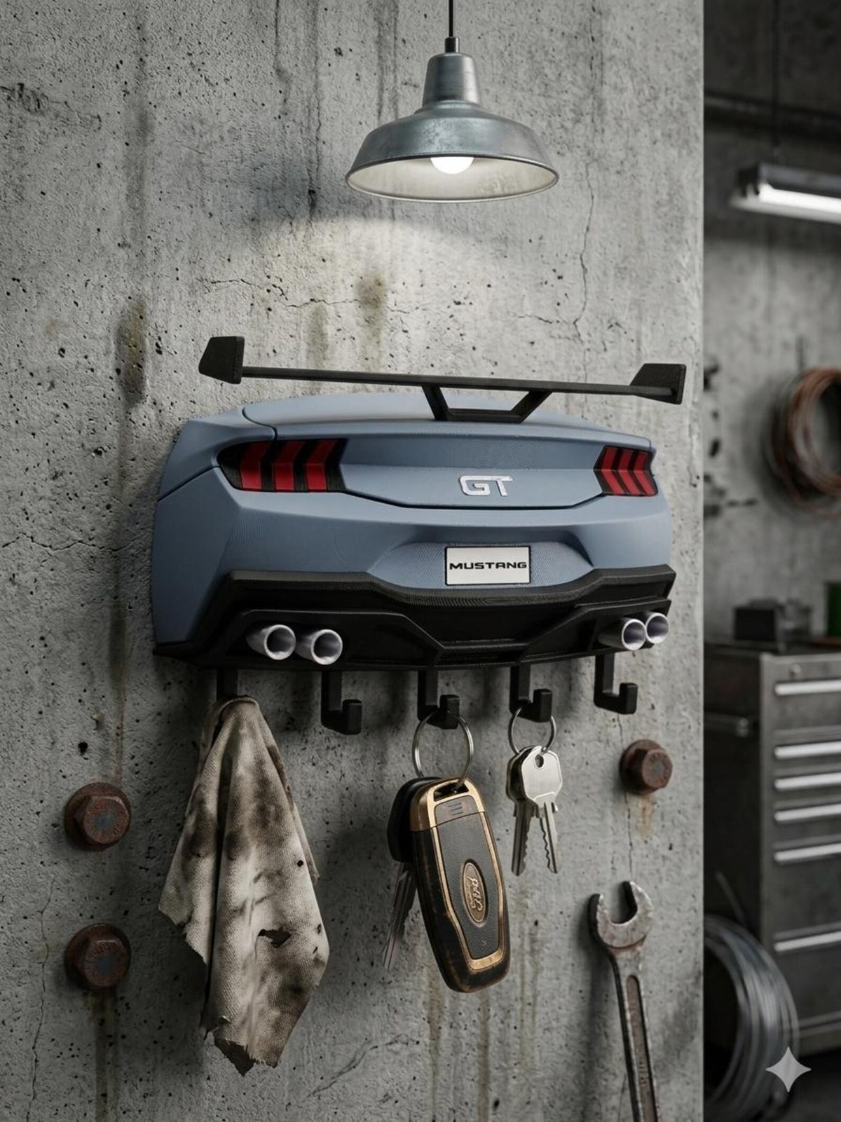 Automotive wall key rack showing built-in hooks for keys and keychains
